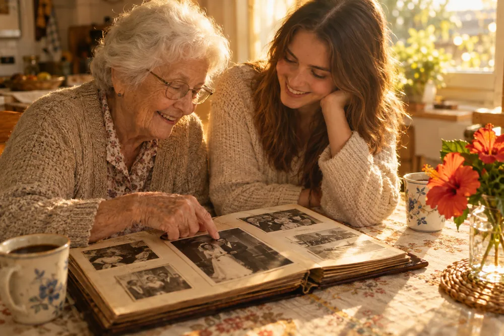 An older woman showing her companion an old wedding photo in a family album