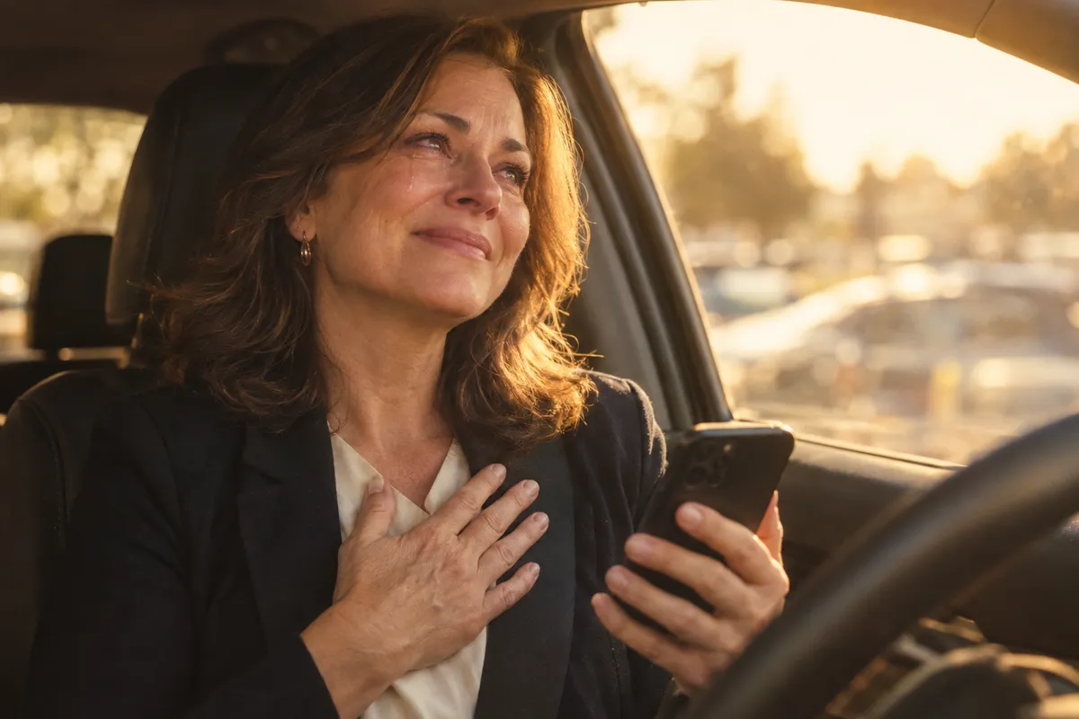 A woman in her car smiling with relief at her phone, hand on her heart