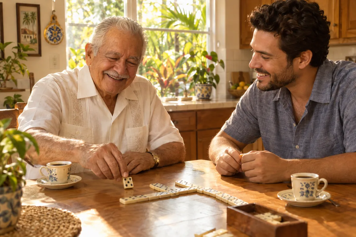 An older man laughing with his companion over dominoes and cafecito