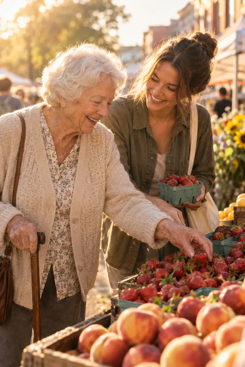A companion helping a smiling older woman with a cane choose fresh fruit at a market