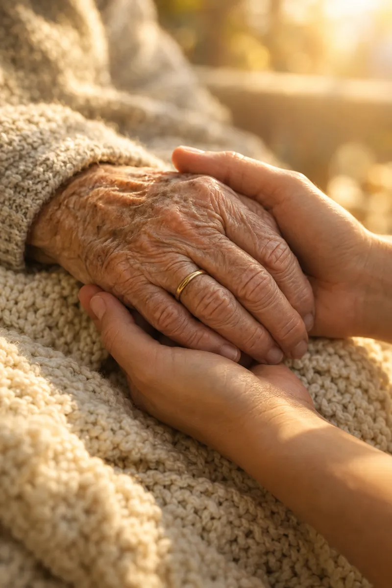An older person’s hands, wearing a gold wedding band, held gently in a companion’s hands